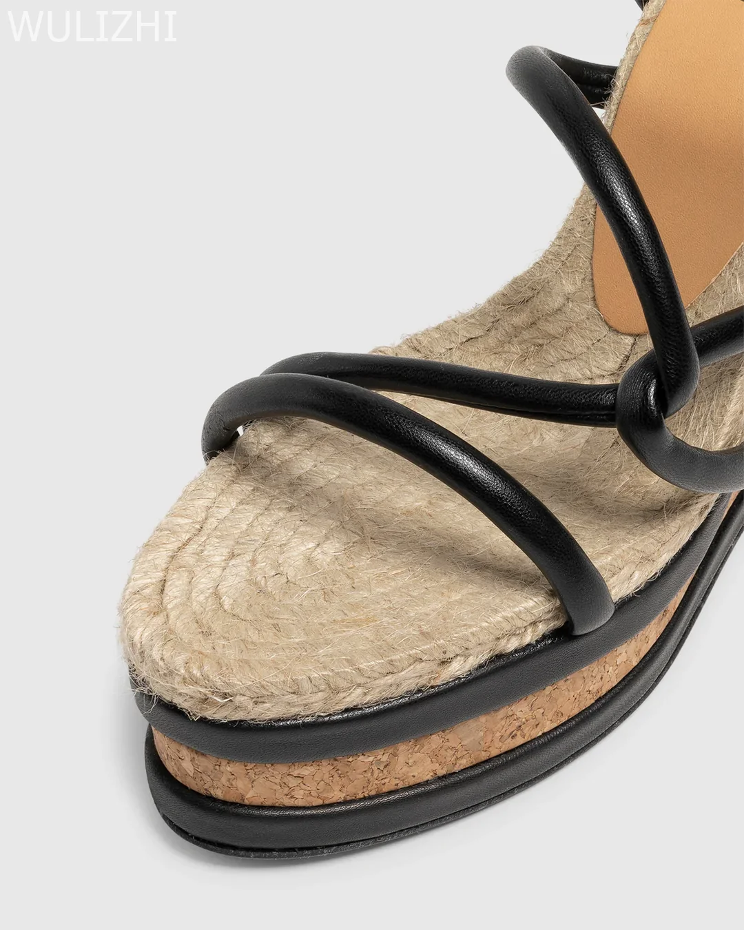 Wood Pattern Black Cross Strap Wedge Sandals Ladies Sexy Open Heel Slingback Buckle Design Round Toe Low Platform Gladiator Shoe