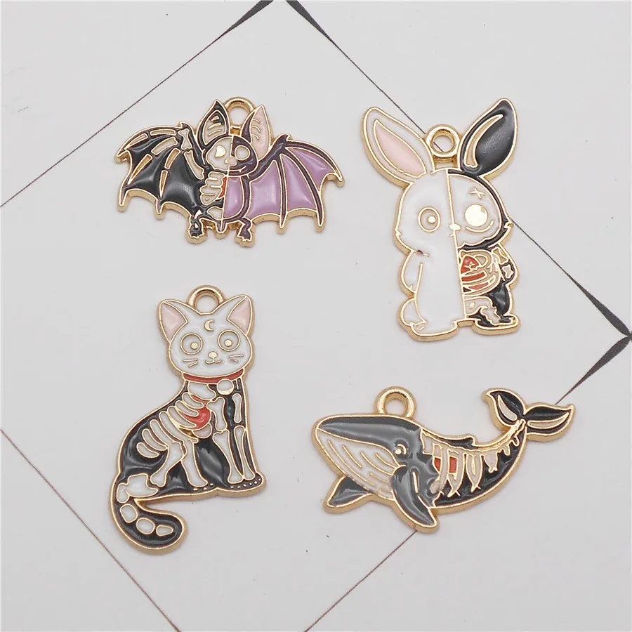 

8PCS Enamel Halloween Animal Skeleton Charms Mix Alloy Whale Cat Rabbit Bat Pendant For Bracelet Findings Jewelry Accessory