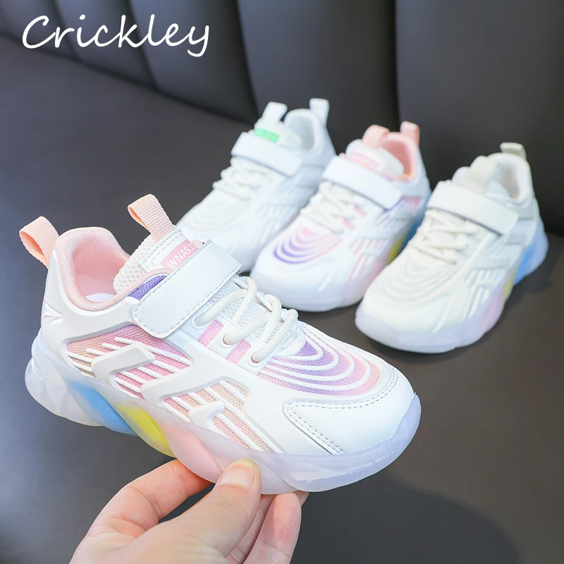 

Spring Autumn Mesh Children's Sneakers Rainbow Sole Hook Loop Girls Running Shoes Breathable Soft Non Slip Kids Sport Shoes