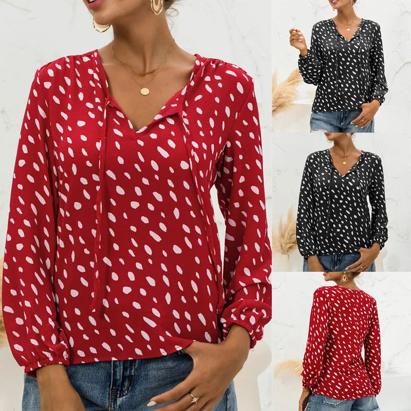 

Sexy Women Printed Blouse Casual Puff Sleeve V-Neck Pullover With Strap Ladies Blouses And Shirts Loose Tops