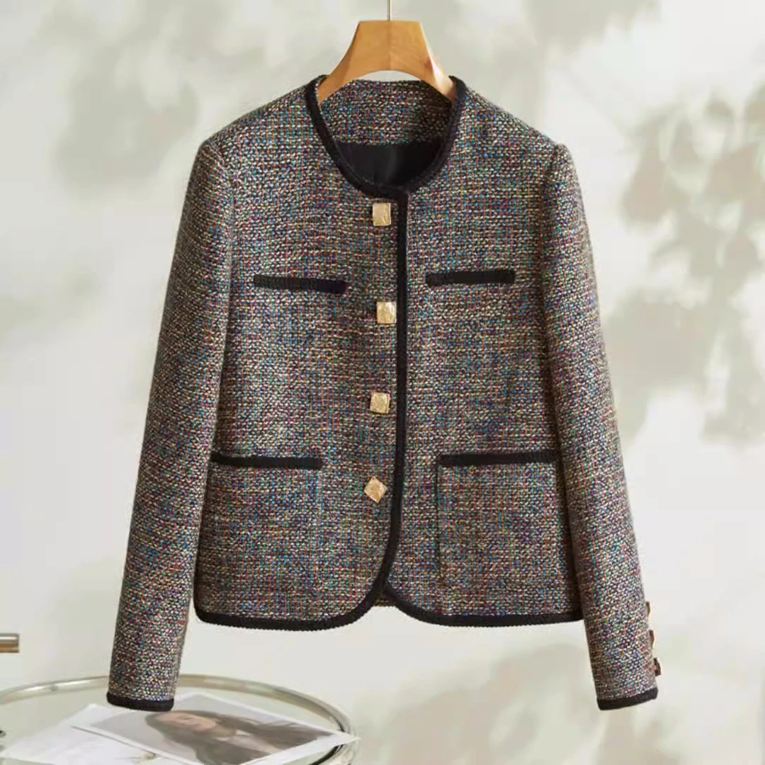 

2023 Autumn Winter Chic Women's Vintage Wool-blend O-neck Tweed Coat C923