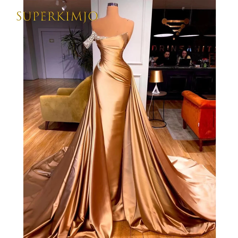 

SuperKimJo золотые Выпускные платья 2022 Vestidos De Gala с бисером на одно плечо атласные винтажные бриллианты 2023