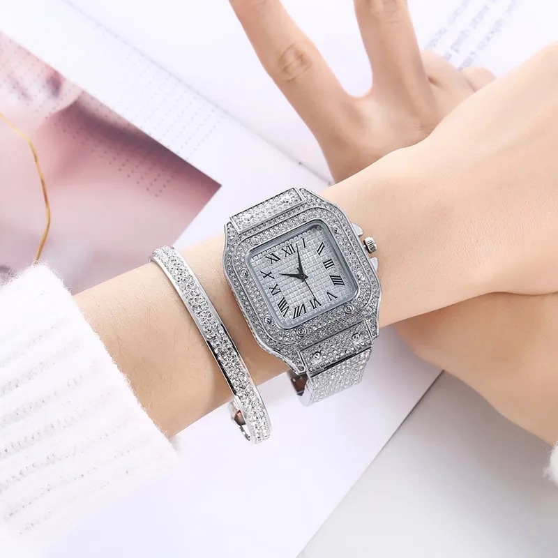 2PCS Set Luxury Square Full CZ Watch Women's Bracelet Fashion Watch Women's Casual Women's Watch Bracelet Set Clock