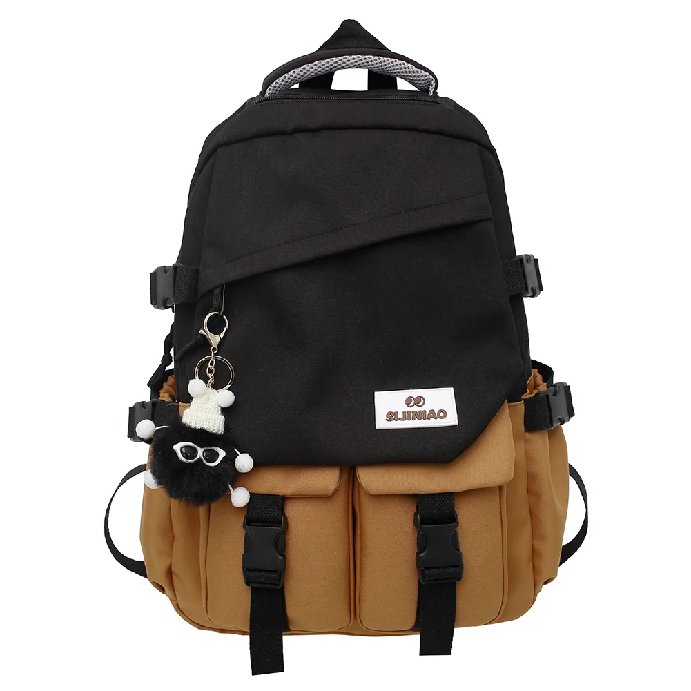 

Women Laptop Backpack Nylon School Book Bags Contrast Color Large Capacity Fashion Simple Portable with Pendant College Backpack