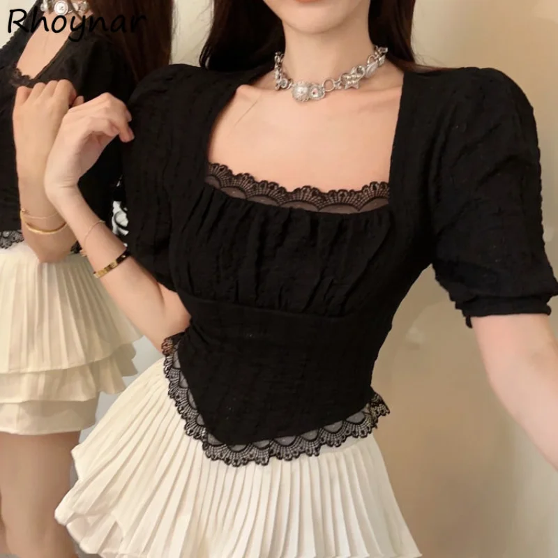 

T-shirts Women French Style New Summer Irregular Chic Sweet Short-sleeve Lace Decoration Vintage Gothic Crop Tops Square Collar