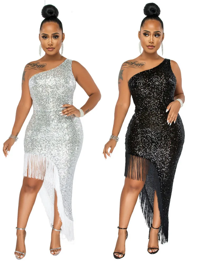 

Women Tassel Side Sequins One Shoulder Skew Neck Bodycon Midi Maix Irregular High Low Long Dress Sexy Night Party