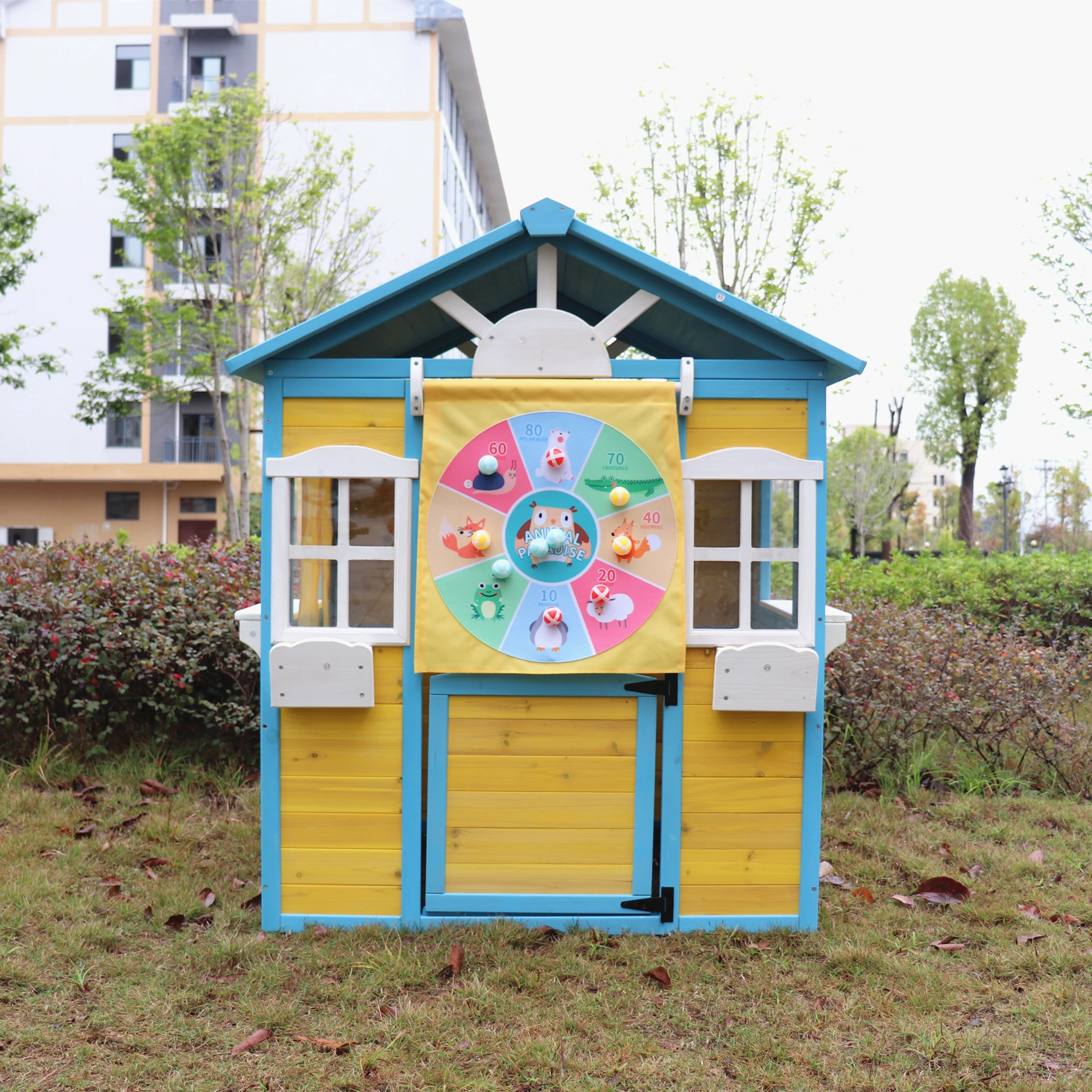 

Outdoor Playhouse for Kids Wooden Cottage with Working Doors Windows Pretend Play House for Age 3-8 Years