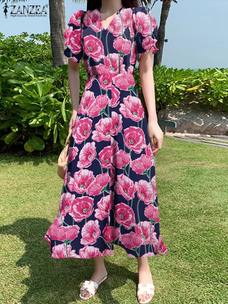 

ZANZEA Fashion V-neck Midi Dress Women Floral Printed Beach Dress Elegant Korean Style Vestidos Puff Sleeve Summer Holiday Robes
