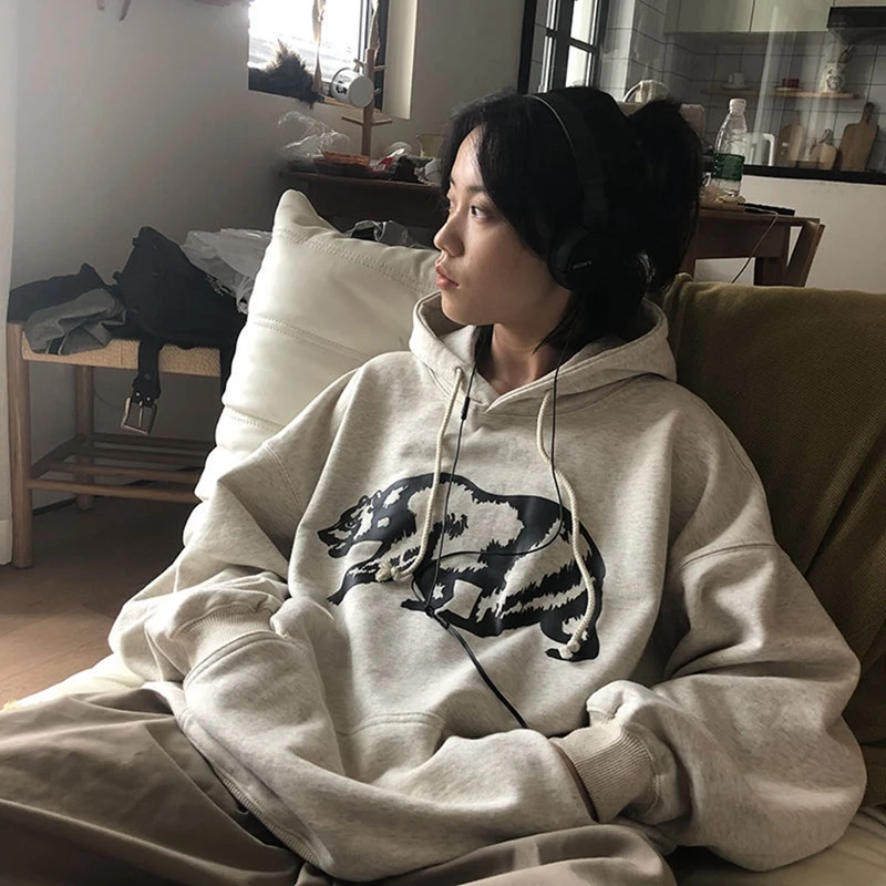 

Women's korean Casual Loose Polar Bear Pattern Hooded Pullover Sweatshirt Light Gray Fashion Loose for Men and Women clothes
