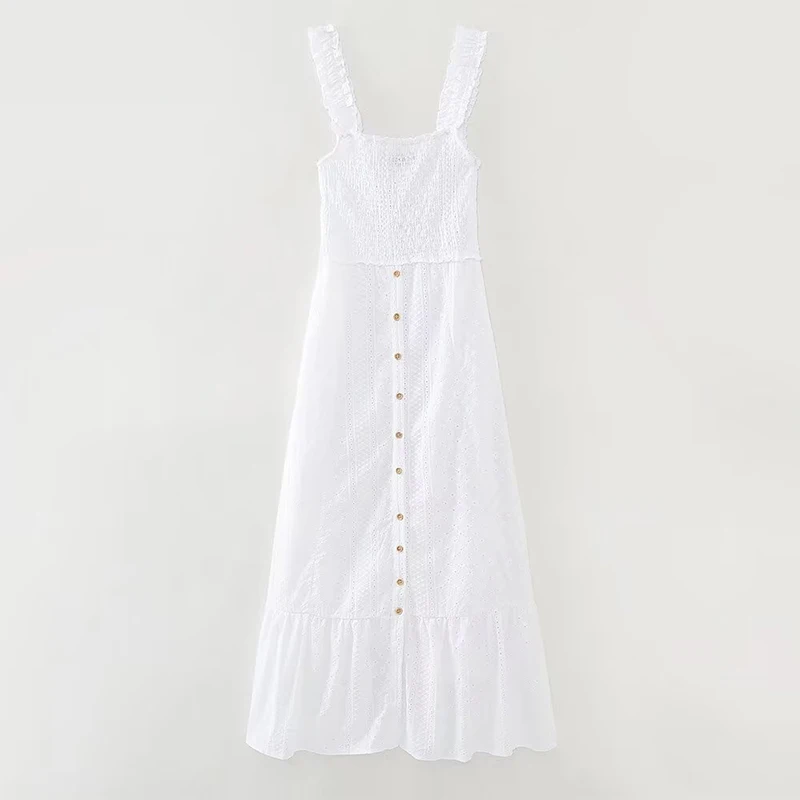 

YENKYE Elegant Women Fashion Hollow Out Embroidered Midi Dress Sexy Sleeveless Square Neck Female Party White Dresses