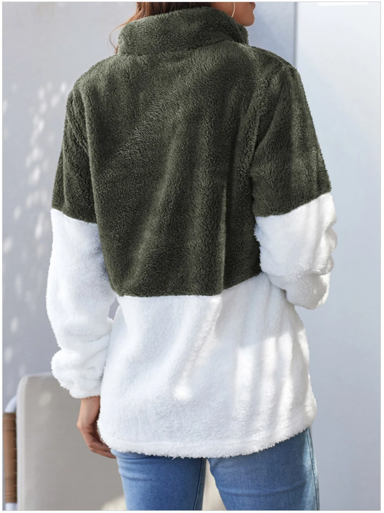 Fashion Women's Winter Warm Fur Coats Ladies Stand Collar Contrast Color Zipper Pocket Pullover Hoodies Thick Outerwear