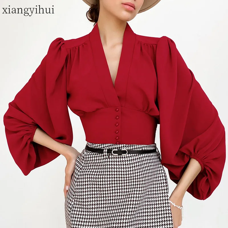 

Brown Red Blouses for Women 2022 New Arrival White Spring Lantern Sleeve V Neck Button Up Shirt Short Vintage Blousa Tops