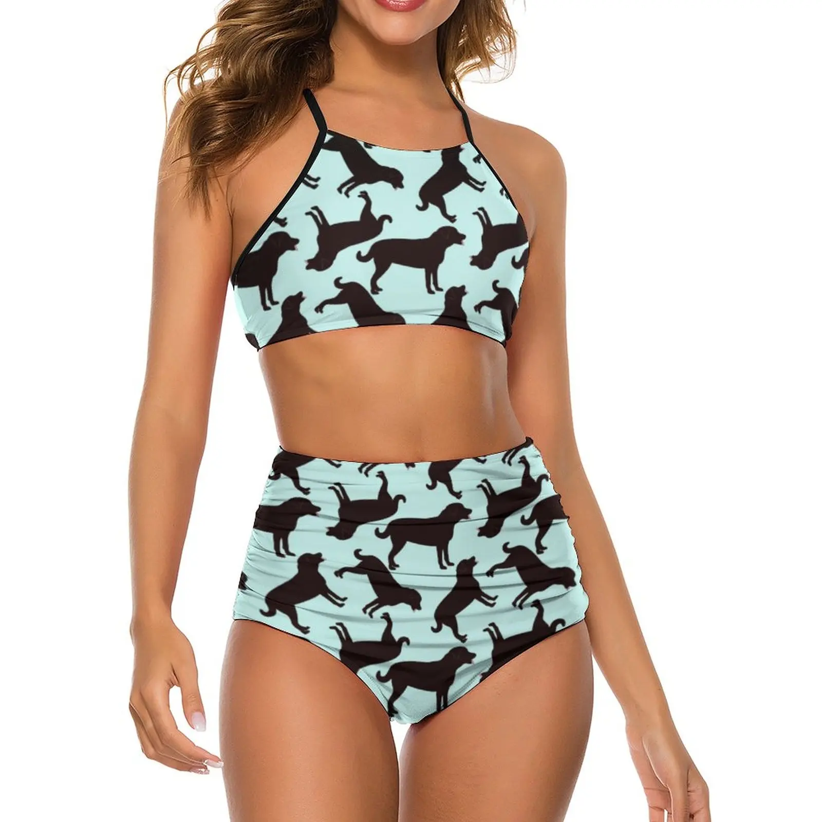 

Animal Silhouette Bikini Swimsuit Black Lab Dog High Waist Swimwear Sexy Stylish Bikinis Set Women Push Up Swimsuits Beachwear