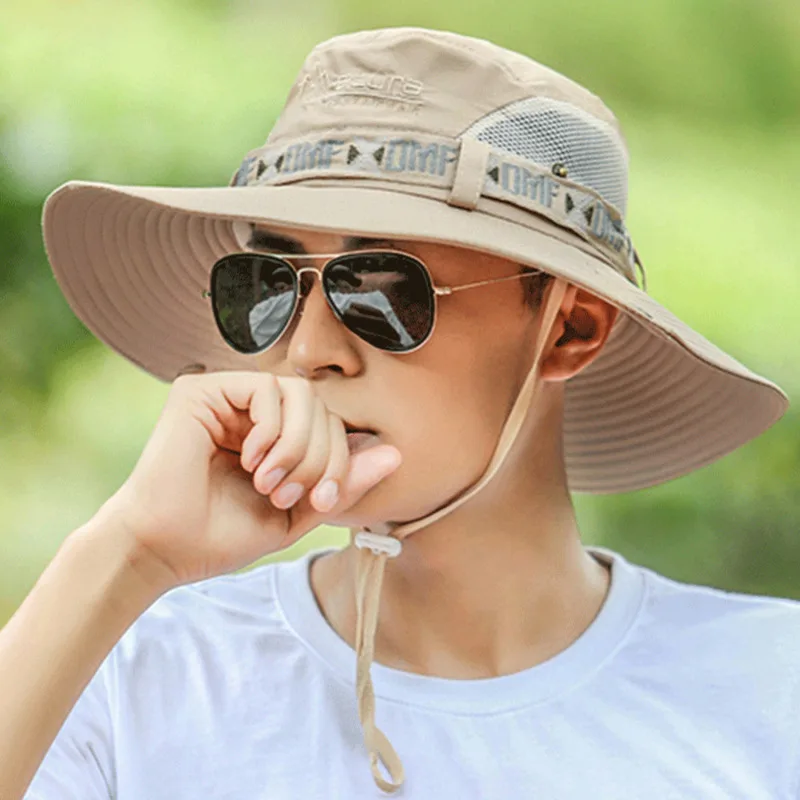 

Men Bucket Hat Outdoor Summer UV Protection Wide Brim Panama Safari Hunting Hiking Hat Mesh Fisherman Hat Beach Sunscreen Cap