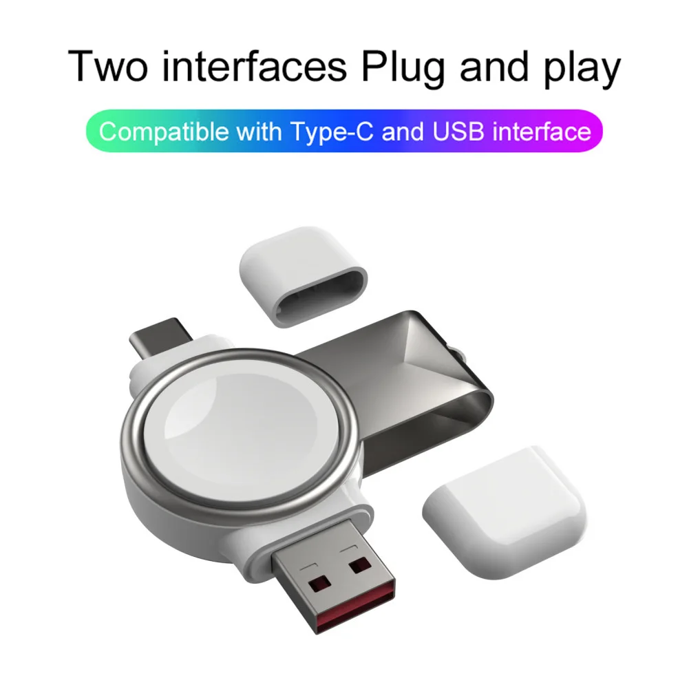 

Магнитное зарядное устройство для смарт-часов 2 в 1 USB-A Тип C, портативная беспроводная зарядная док-станция для Apple Watch 2/3/4/5/6/7/SE, белая