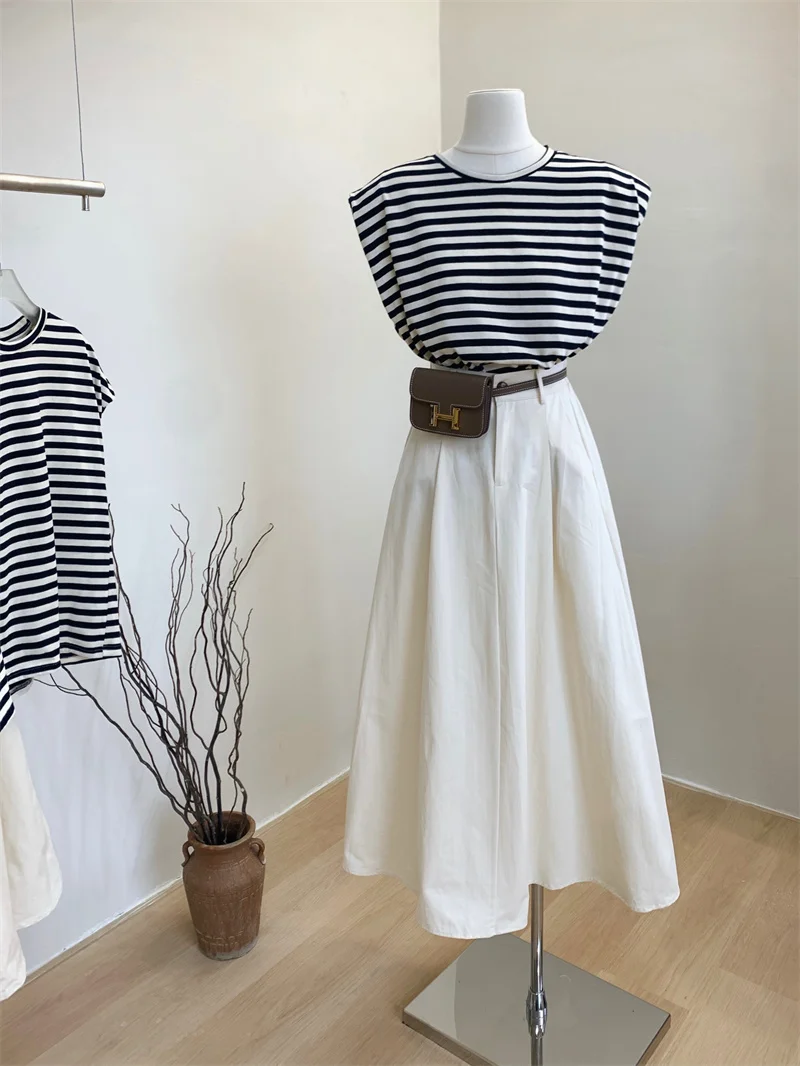 

Lauri Laki New White A-line Long Skirt Women Vintage Solid Elastic Waist Skirt Midi Summer 2023 Party Wear