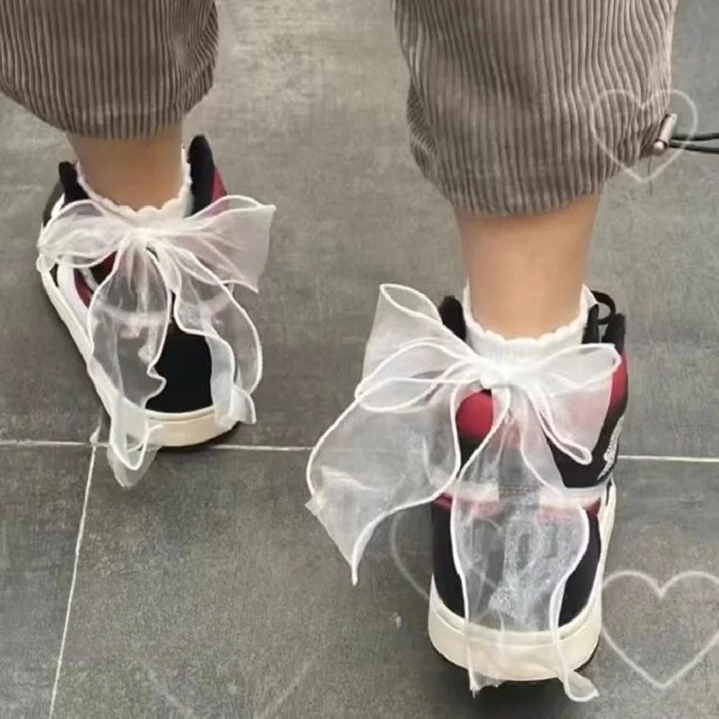 Bow Socks for Girls Japanese Style White Lace Lolita Socks Women's Mid-Calf Cute Ruffle Frilly Ankle Socks Dress Calcetin Medias