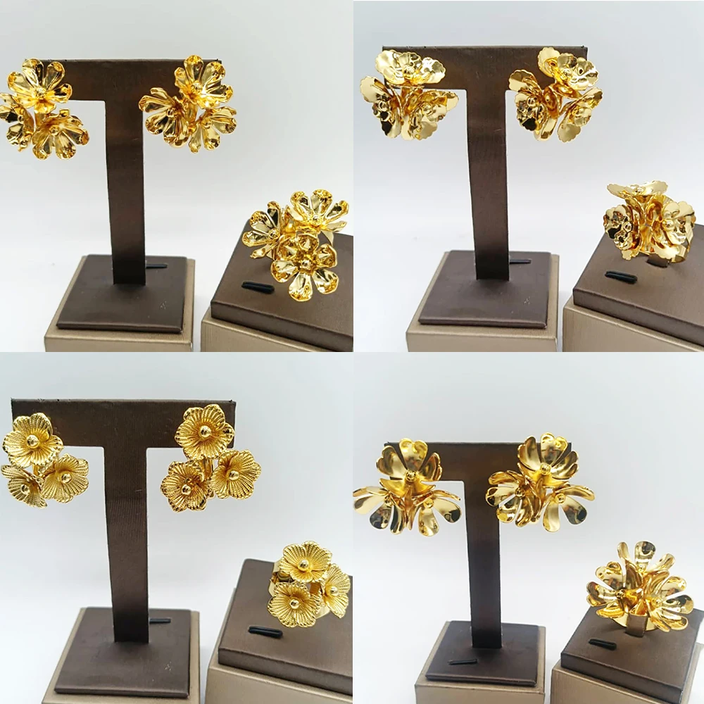 

18k Gold Color Earrings For Women Fashion Dubai Copper Flower Cocktail Ring Girls Arabic Charm Wedding Party Jewelry Accessory