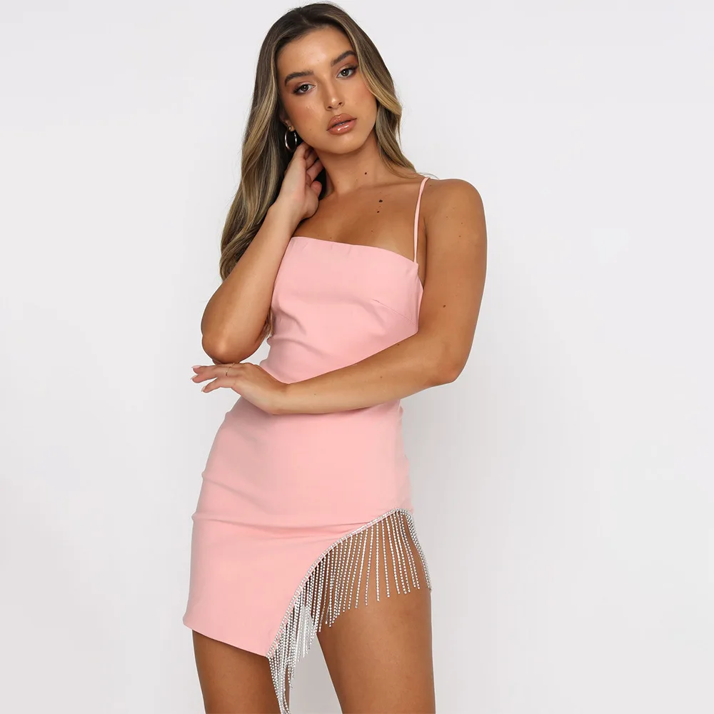 

TINAL Women Diamonds Tassel Party Dress Solid Spaghetti Straps Slim Pack Hip Skirt Sexy Camisole Midnight Style Female Clubwear