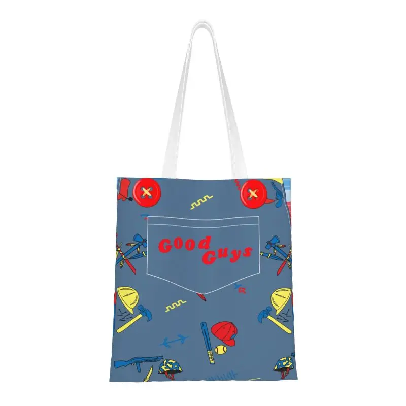 

Custom Good Guys Child's Play Chucky Shopping Canvas Bag Women Portable Groceries Killer Doll Overalls Shopper Tote Bags