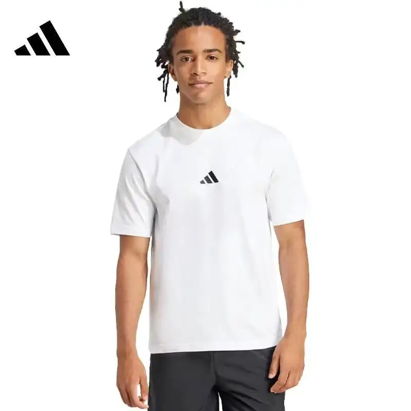 Фото Новая мужская летняя спортивная одежда Adidas с короткими рукавами, повседневная спортивная одежда для бега, белая футболка из чистого хлопка с круглым вырезом JF1092 №3