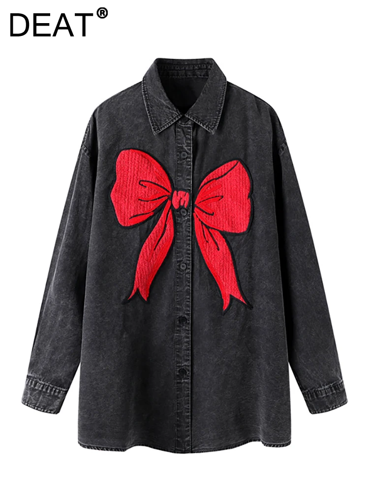 

DEAT Women's Deinm Shirt Lapel Loose Contrast Color Embroidery Bow Single Breasted Black Blouse 2023 Summer New Fashion 29L2171