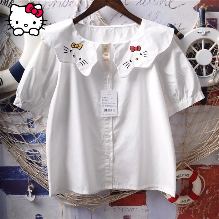

Sanrio японская милая мягкая одежда забавная Милая кошка Hello Kitty Kawaii волнистый кукольный воротник белая блузка с коротким рукавом Топ для девоч...