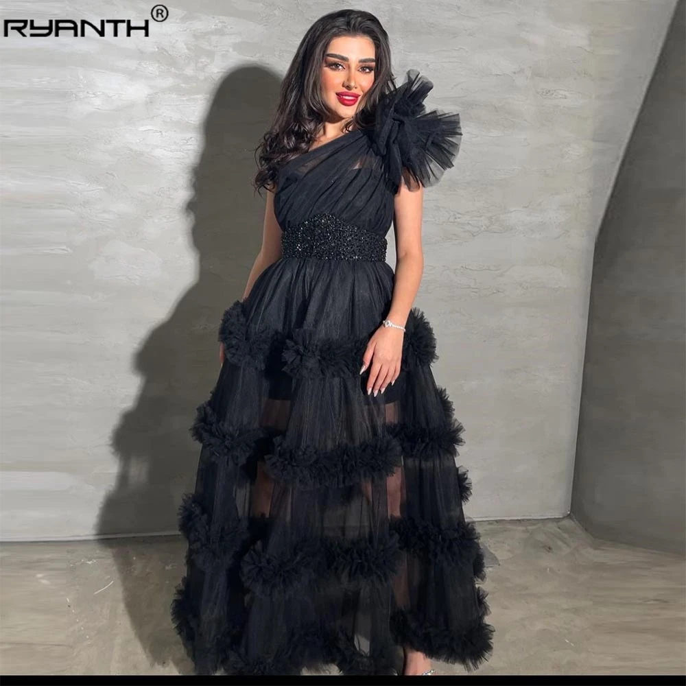 

Ryanth Black Dubai Tiered Ruffles Tulle Mermaid Evening Dresses Beadings One Shoulder A-Line Pleat Ruched Saudi Arabic Prom Gown