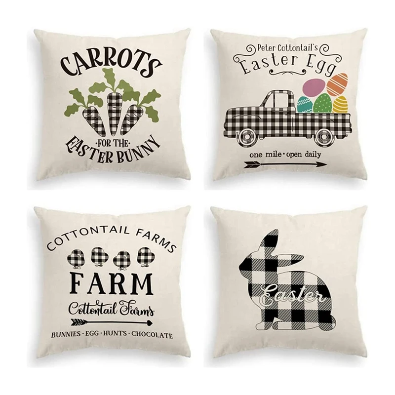 

4Pcs Easter Pillow Covers 18X18 Inch, Happy Easter Spring Decoration Rabbit Carrot Egg Truck Linen Pillowcase Home Decor