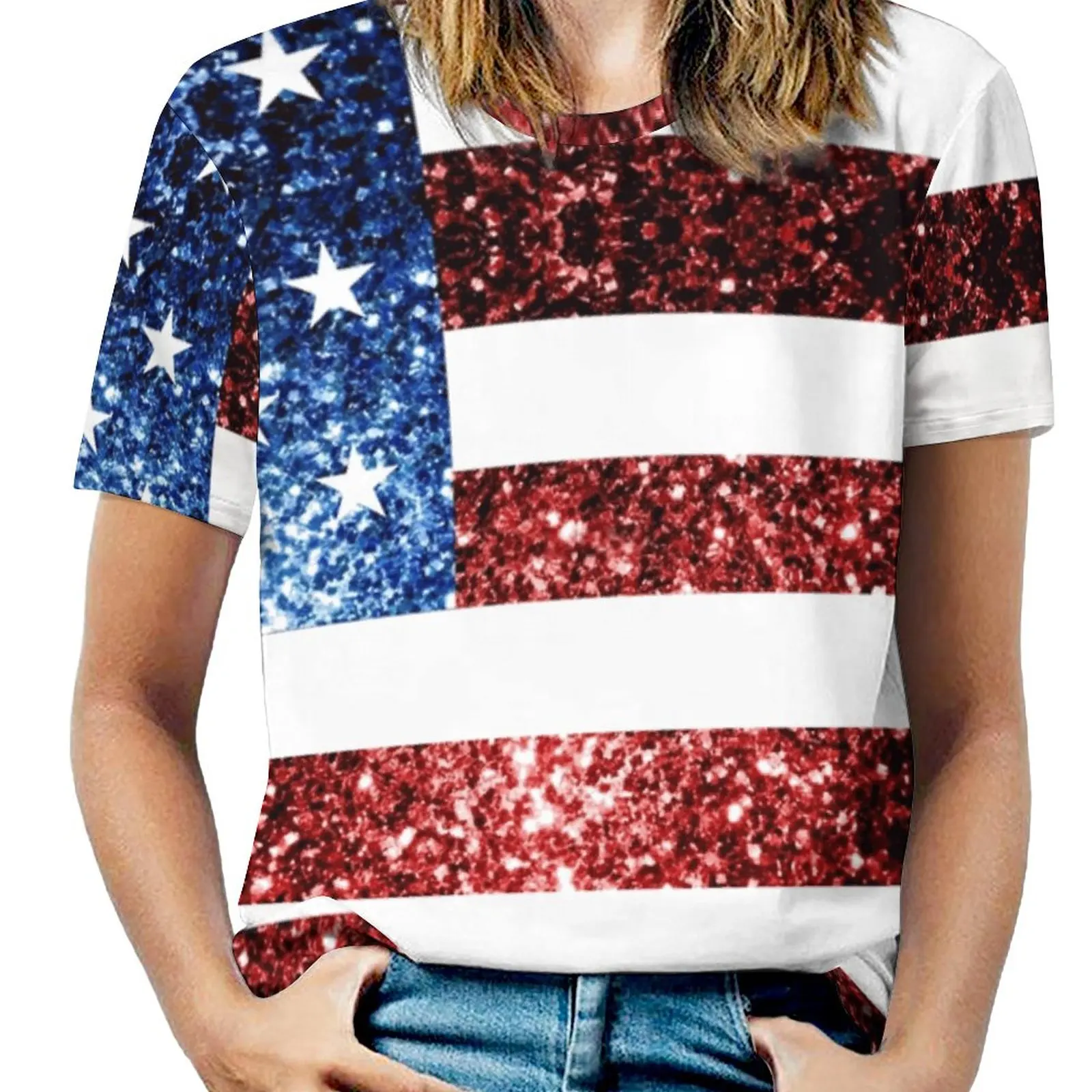 

Usa Flag Red Blue Faux Sparkles Glitters Fashion Print Women Ladies Girls T-Shirt Harajuku Round Neck Short Sleeve Tops & Tees
