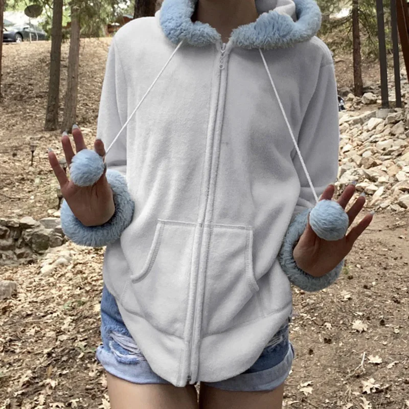 

2022 Autumn and Winter New Furry Hooded Sweater Plus Velvet Warm Loose Zipper Sweatshirt Casual Color Matching Cardigan Jacket