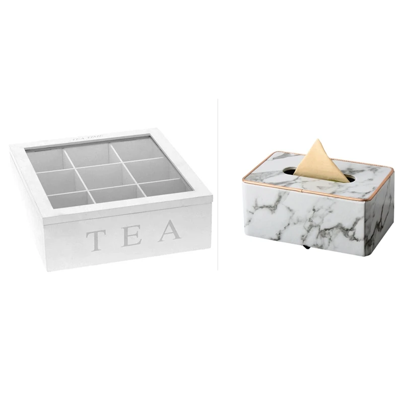 

Wood Tea Box Storage Container with Lid 9-Compartment & Marble Phnom Penh Tissue Box Desktop Toilet Napkin Tissue Holder