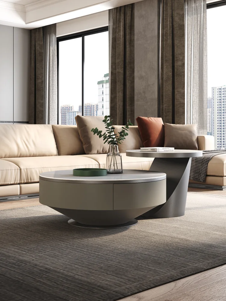 

Tuyaitalian Luxury Rock Plate Coffee Table Round Combination with Drawer Creative Designer Living Room Coffee Table with Storage