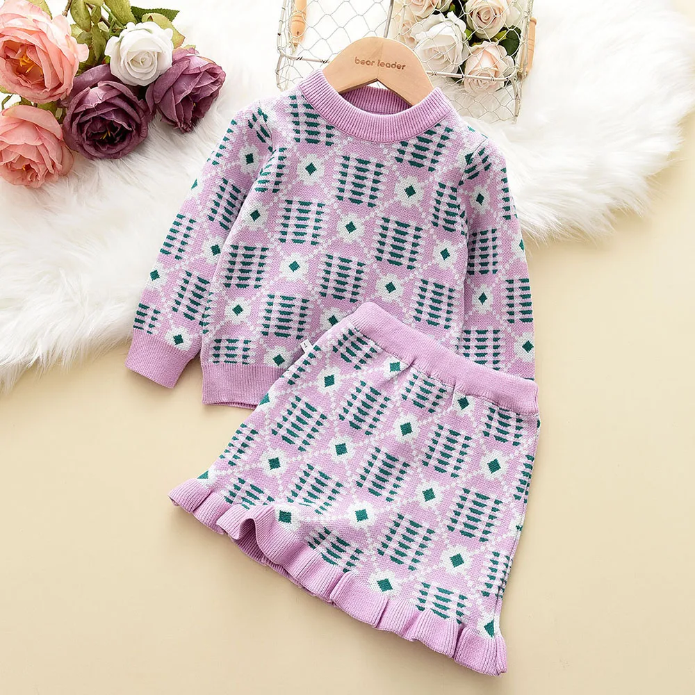 

Menoea Girl Clothes Knitted Sweater Set Winter Autumn Plaid Long Sleeve Pullover Sweater and Lace Skirt Two Pieces Kids Clothing