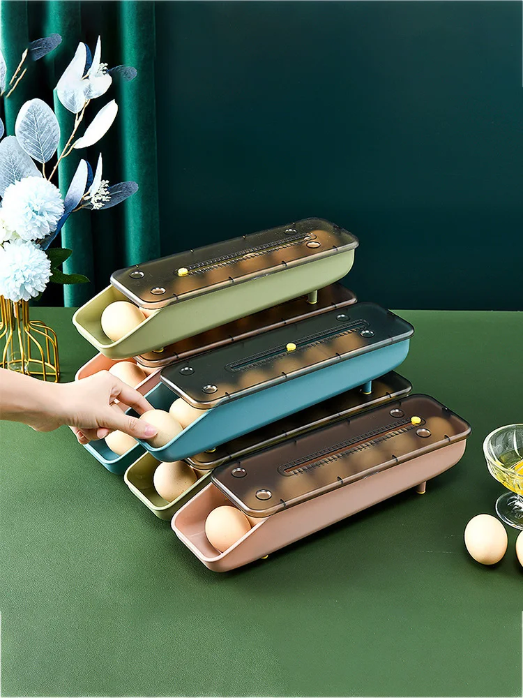

Stackable Egg Storage Box Auto Scrolling Eggs Rack Plastic Eggs Basket Refrigerator Storing Container Fresh Boxs for Kitchen