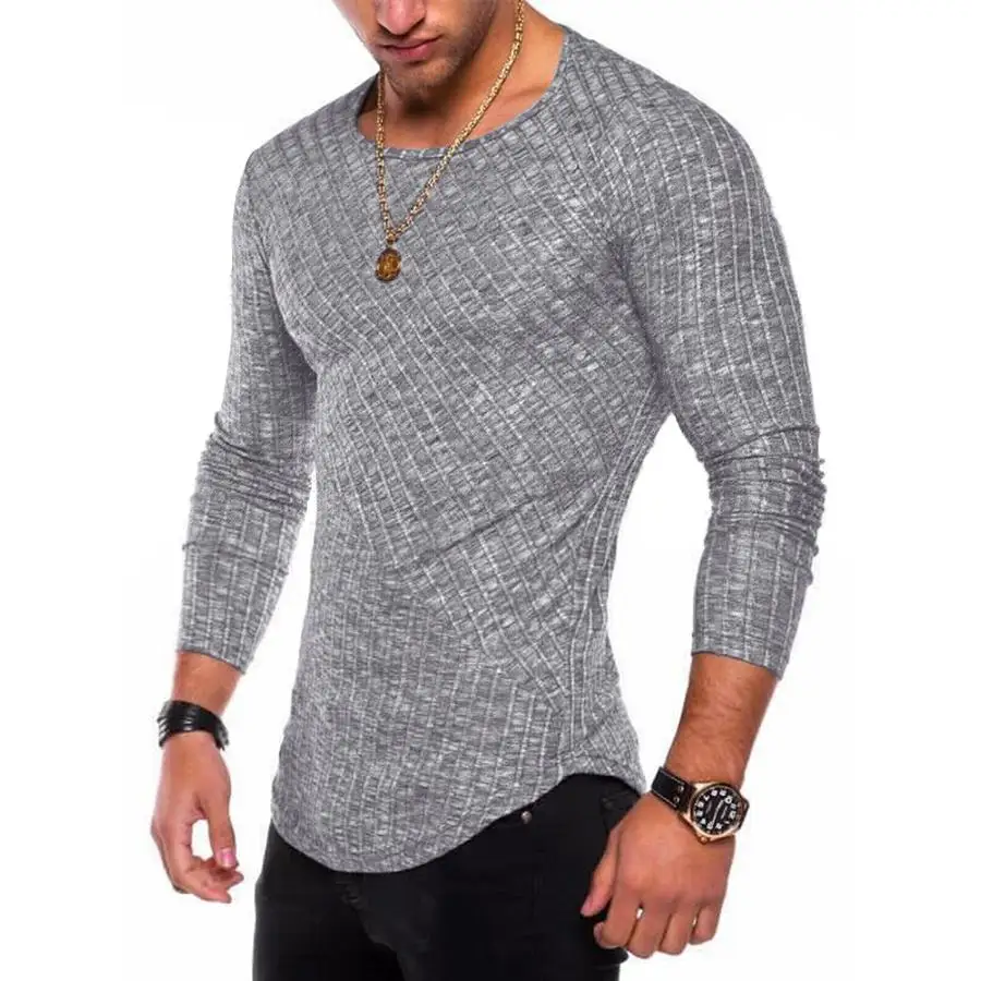 

B145213 2022 Spring Men Long Sleeve T Shirt Casual Round Neck Striped Elastic Fit Funny Streetwear Solid Tshirt Hip Hop Tops