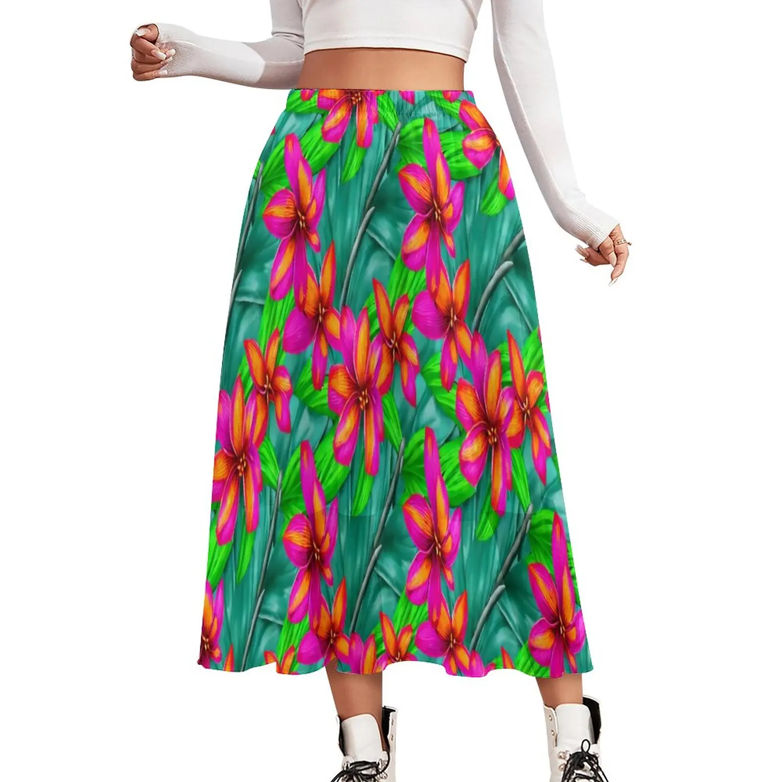 

Tropical Paradise Skirt Floral Print Cute Long Skirts High Waist Design Y2K A-line Skirt Big Size 3XL 4XL