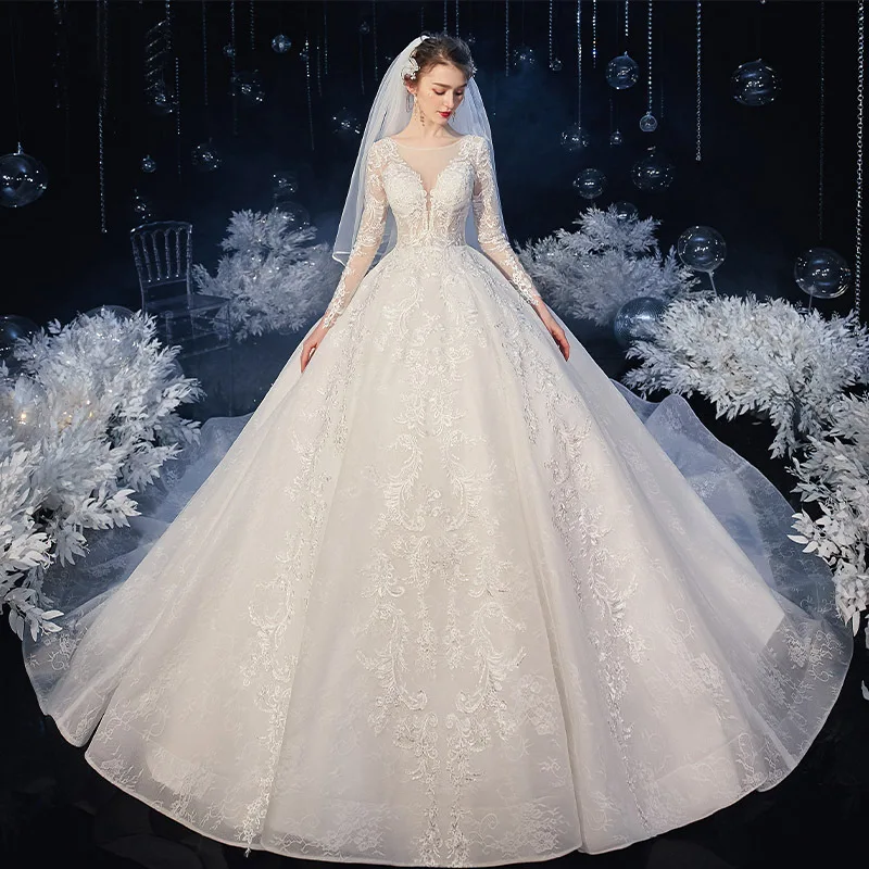 

Charmingbridal Illusion Boat Neck Lace Wedding Gowns Ball Gown Chapel Train Full Sleeve Bridal Dresses Vestidos De Novia