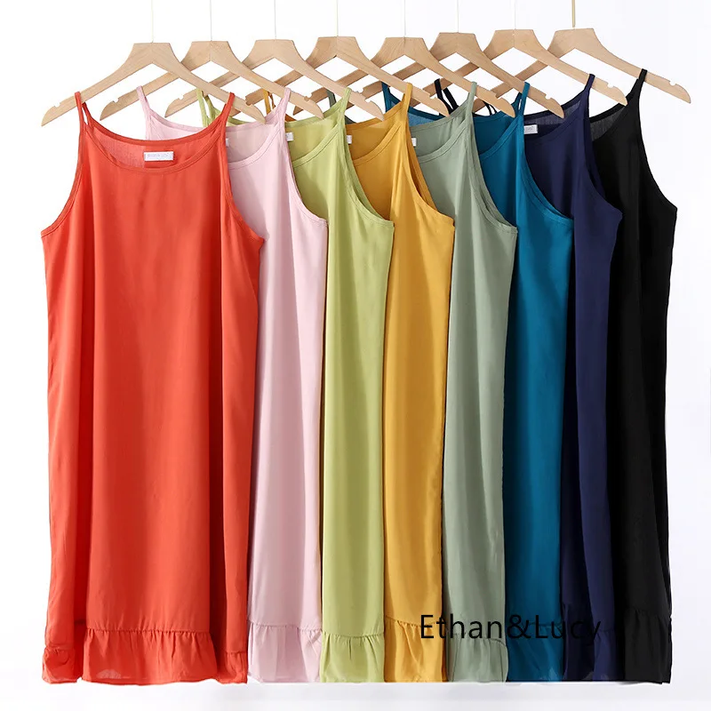 

Summer Newest Ladies Cotton Viscose Sling Mid-long Homewear Sleep Tops Solid Colors Women Nightwear Sleeping Dress