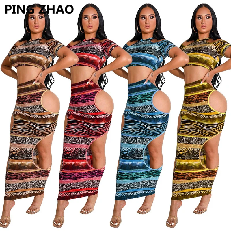 

Женский леопардовый комплект из двух предметов PING ZHAO, привлекательная плявечерние юбка с вырезами по бокам и укороченные топы, летний компл...