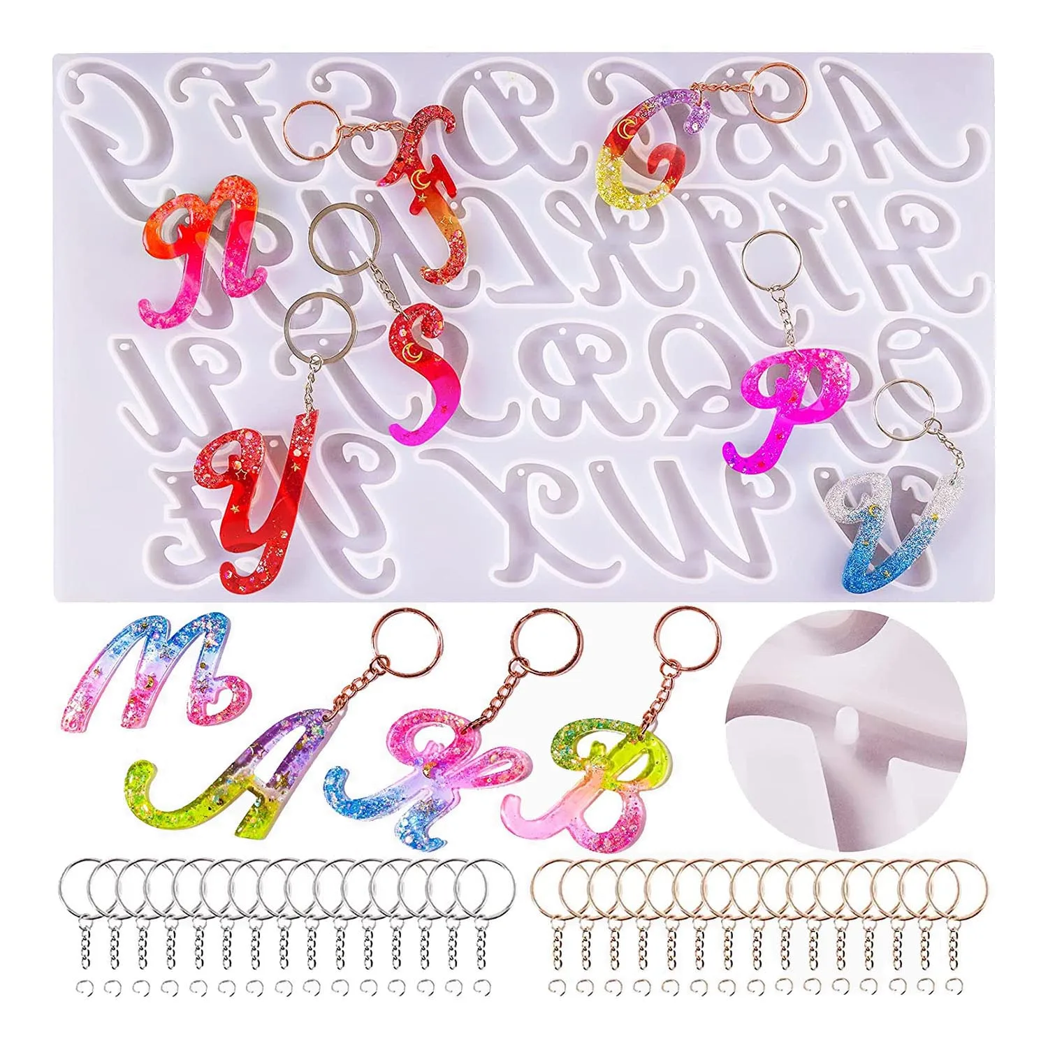 

Letter Mould for Resin, Reverse Resin Key Chain Letter Mould with Holes, with 30 Jump Rings, 30 Key Rings (15.3X8.9Inch)