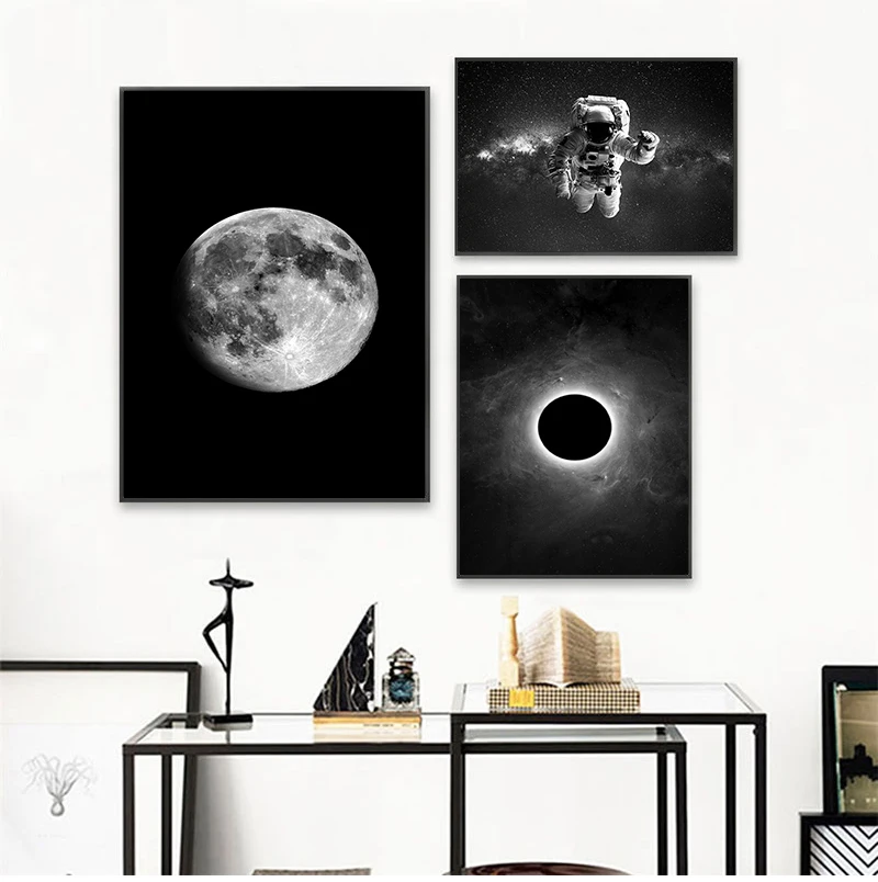 

Black and White Astronauts and Moon Canvas Painting Home Art Hanging Painting Wall Pictures for Living Room Space Style Kids