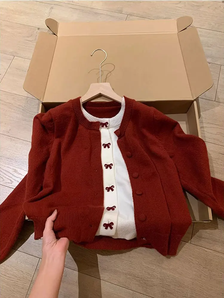 Корейская серия с бантом красный искусственный кардиган из двух предметов