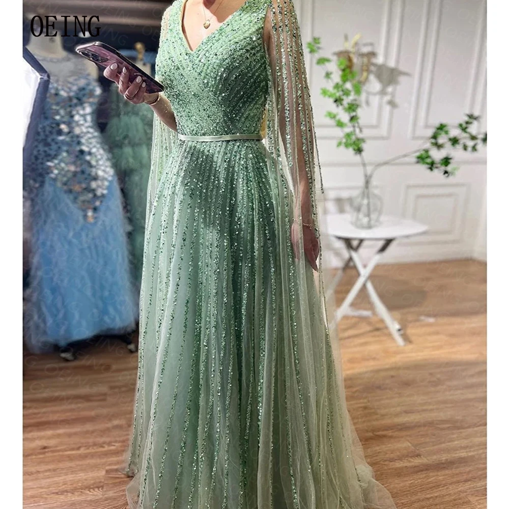 

OEING Elegant Sequined Evening Prom Gowns V-neck Floor Length Formal Occasion Party Dress Long Train Tulle Vestidos De Fiesta