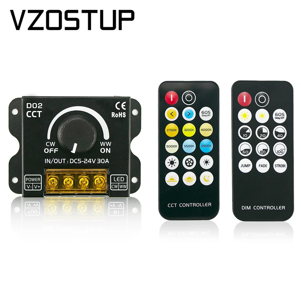 

DC5-24V 30A LED Strip Light Knob Stepless Dimming Switch with RF 17keys Remote Controller for 3528 5050 COB CCT Tape Lights