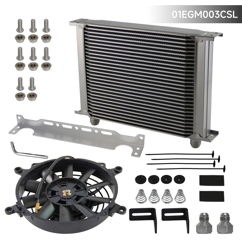 

Universal 28 Row AN10 Engine Oil Cooler w/AN10 To AN8 Fittings + 7" Electric Fan Black/Silver for bmw e36