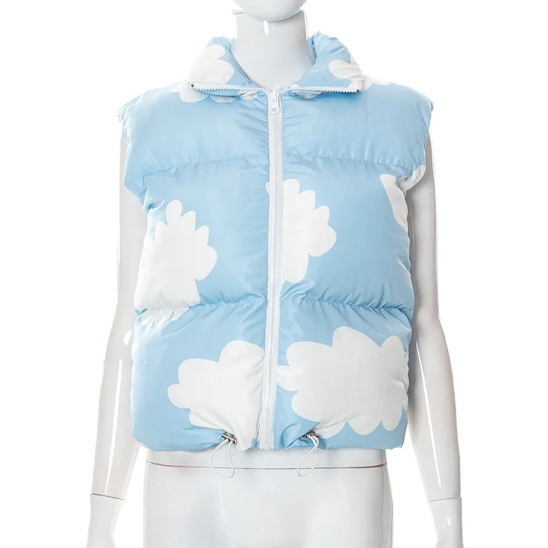 Women Puffer Jacket Waistcoat Fall Winter Clothing Thermal Warm Stand Cloud Printing Bread Coat 2022 Fashion Casual