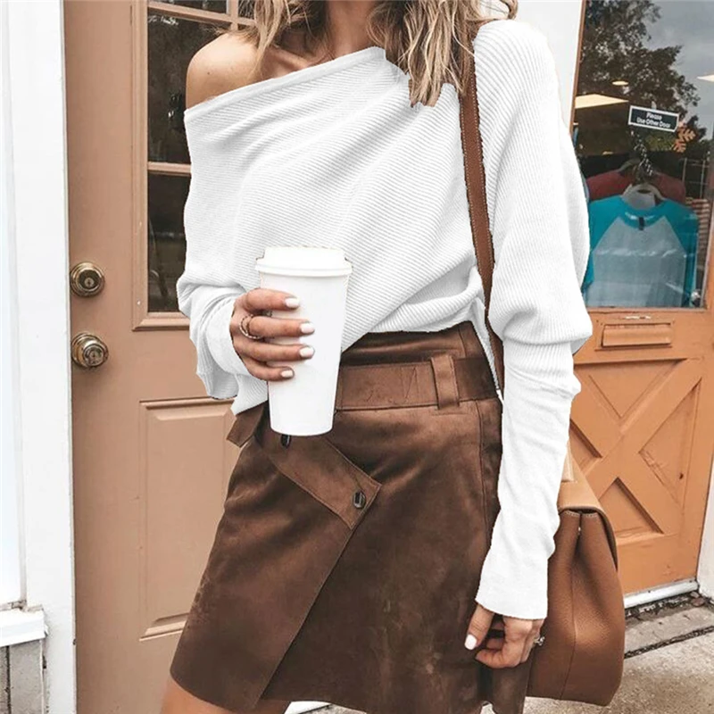

Sexy Off Shoulder Long Sleeve Tops for Women Casual One Shoulder Rib T-Shirts Tops Female Pullover Fashion 2023 Spring Autumn