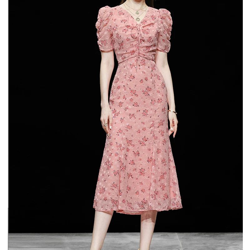 

Женское шифоновое платье с пышными рукавами, Элегантное Длинное плиссированное платье во французском стиле, с принтом на талии, лето