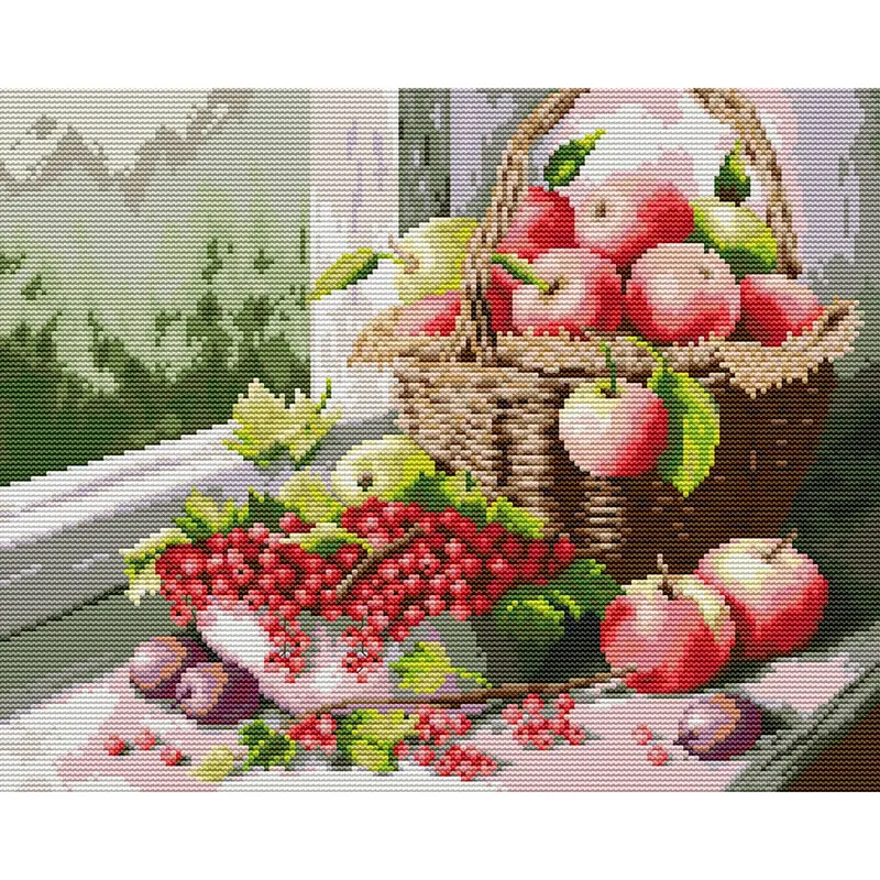 

Cross Stitch Stamped Kits 14CT Printed Embroidery Cloth Needlepoint Kits Easy Patterns For Apples And Cherries